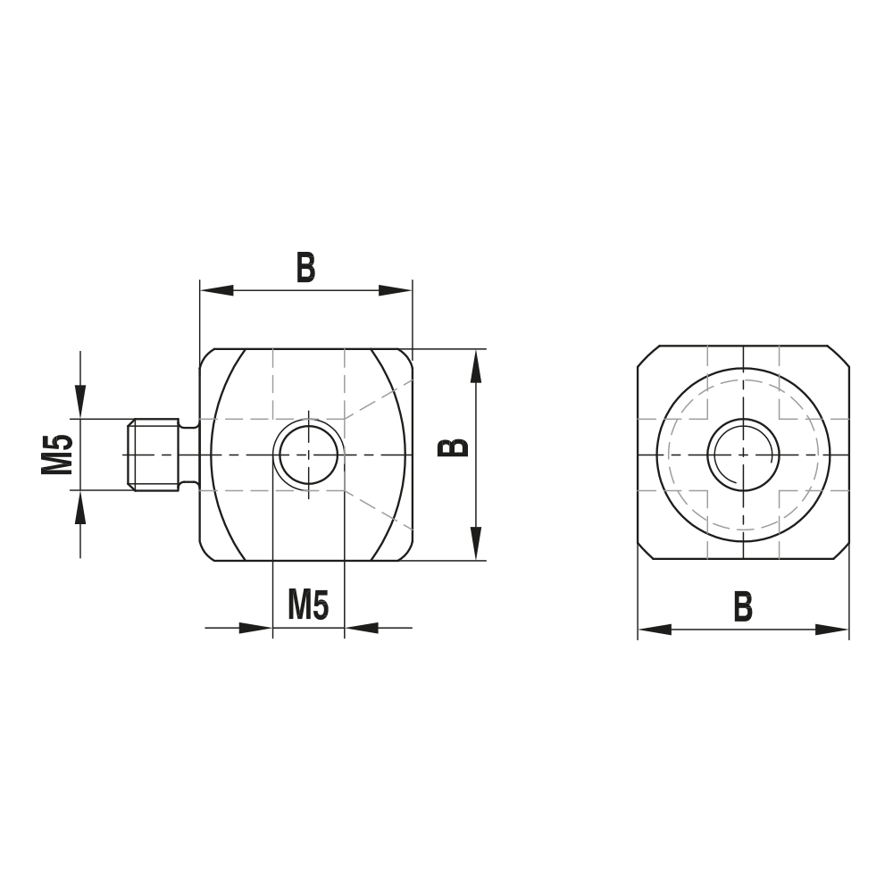 Drawing of product M5 Cube titanium 4-way; B 15.0 mm with countersunk screw