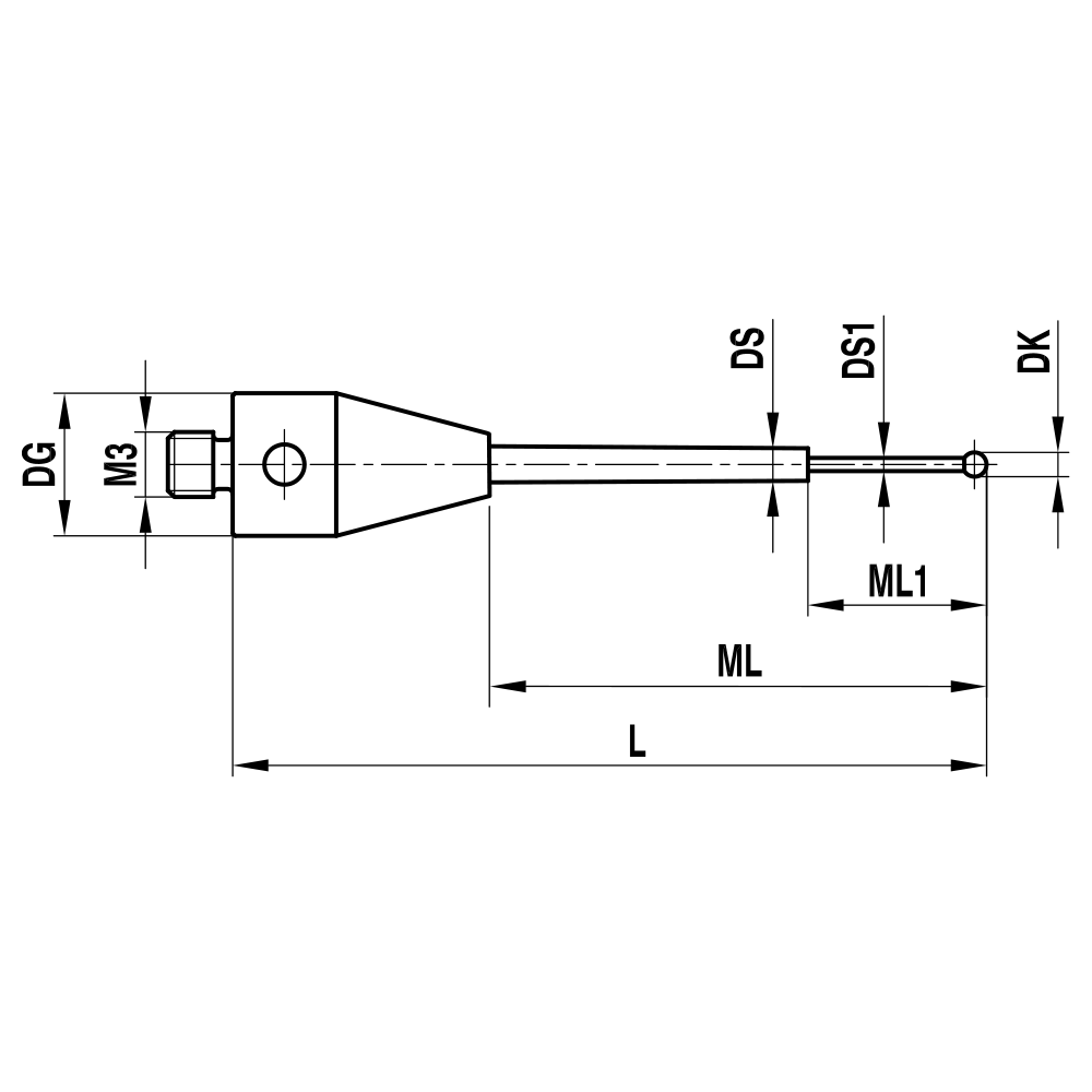 Drawing of product M3 Straight Stylus for ZEISS XXT; DK 0.8 mm; L 20.0 mm
